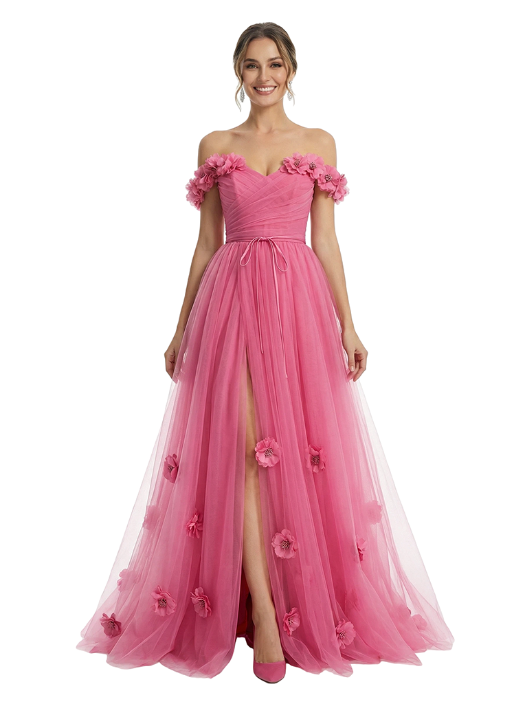 ChicSew Beautiful Off The Shoulder 3D Flower Tulle Side Slit A-Line Prom Party Dress