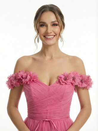 Beautiful Off The Shoulder 3D Flower Prom Gown Layered Tulle A-Line Formal Party Dress