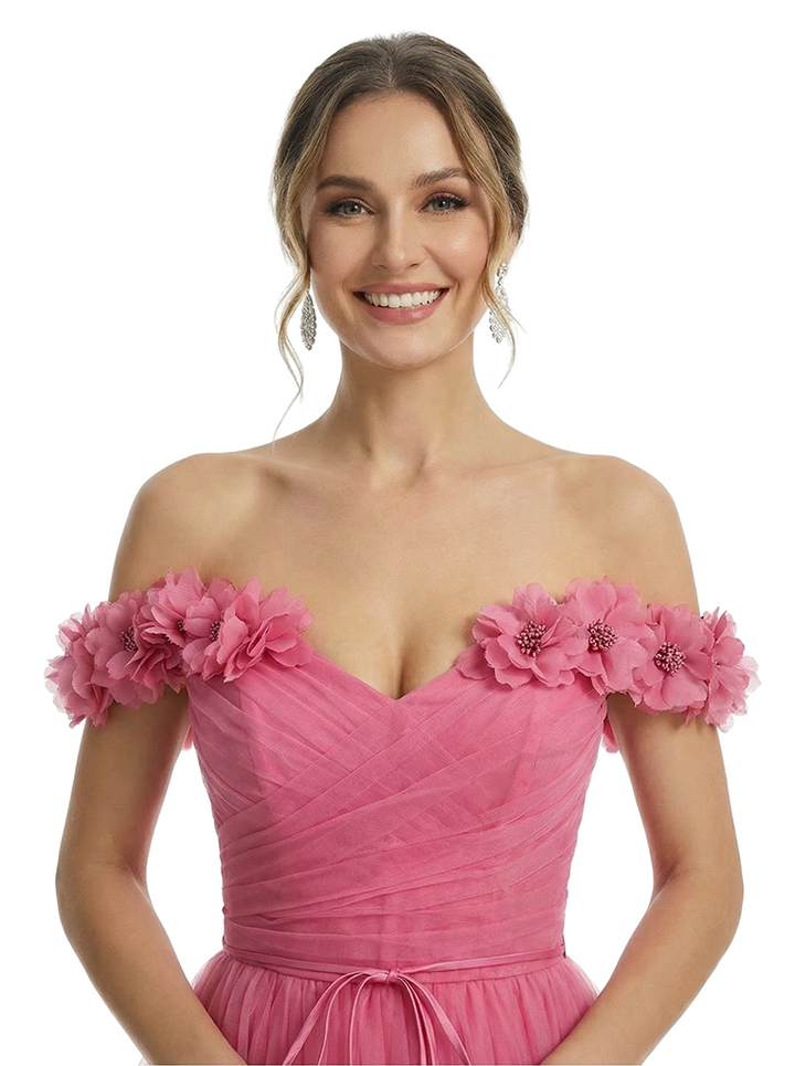 ChicSew Beautiful Off The Shoulder 3D Flower Tulle Side Slit A-Line Prom Party Dress