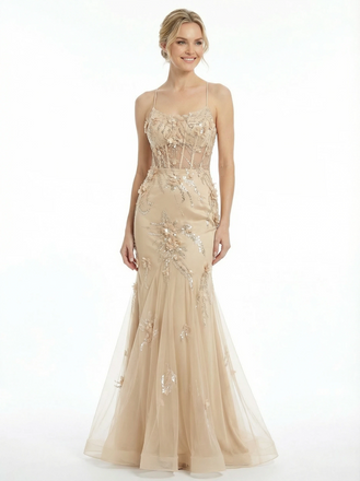 Fancy Spaghetti Strap 3D Floral Prom Gown Sheer Corset Mermaid Formal Dress for Gala