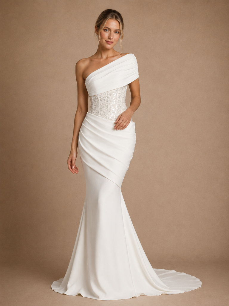 ChicSew Elegant Asymmetric Mermaid Satin Floor-Length Wedding Dress With Boning