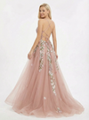 Unique Floral Embroidered Tulle Prom Gown Lace Up Back A-Line Evening Dress with Train