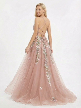 Unique Floral Embroidered Tulle Prom Gown Lace Up Back A-Line Evening Dress with Train