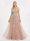 Unique Floral Embroidered Tulle Prom Gown Lace Up Back A-Line Evening Dress with Train