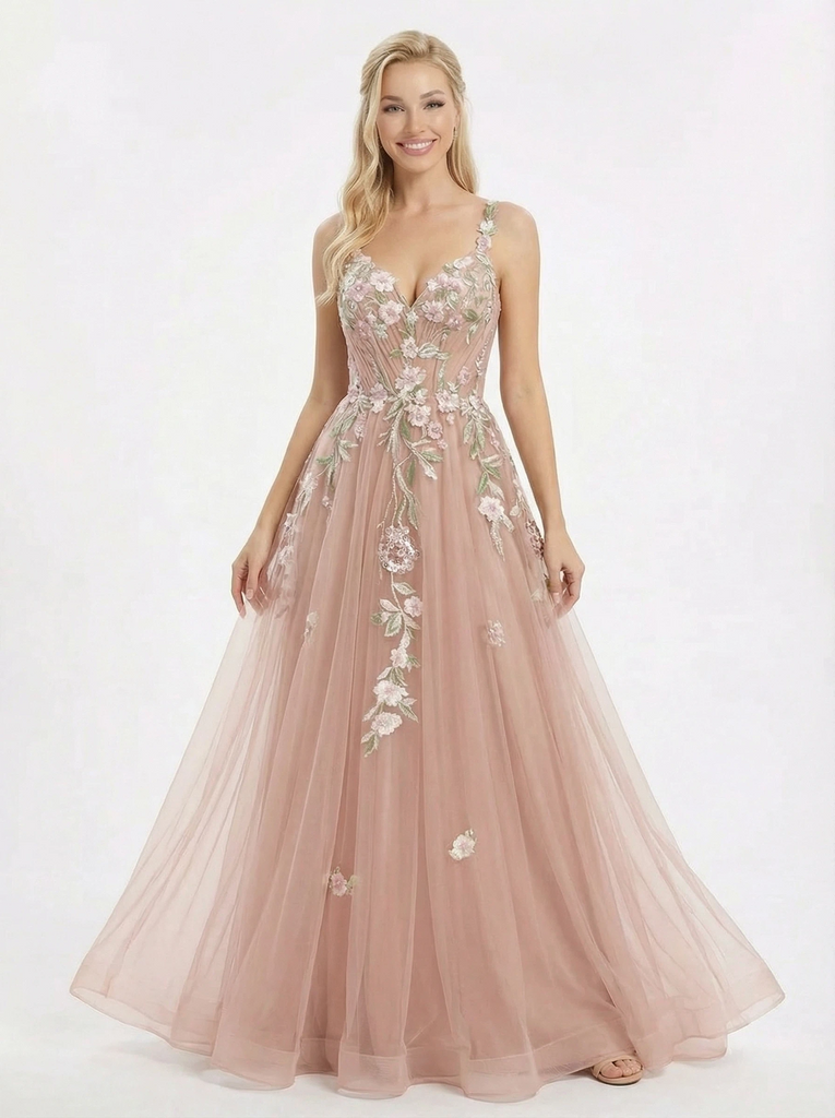 Unique Floral Embroidered Tulle Prom Gown Lace Up Back A-Line Evening Dress with Train