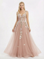 Unique Floral Embroidered Tulle Prom Gown Lace Up Back A-Line Evening Dress with Train