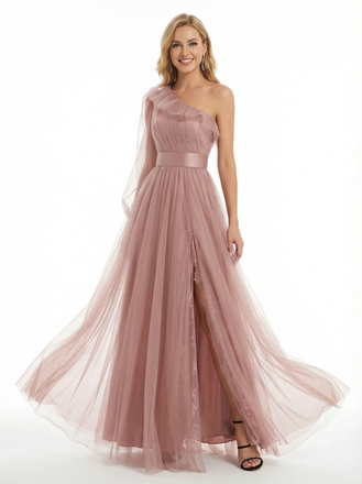 Modern One Shoulder Ruffle Tulle Prom Dress Side Slit Flowy A-Line Gala Evening Gown