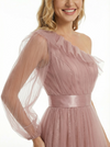 Modern One Shoulder Ruffle Tulle Prom Dress Side Slit Flowy A-Line Gala Evening Gown