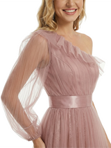 ChicSew Elegant One Shoulder Prom Gown Ruffled Tulle Satin Belt A-Line Floor Length Formal Evening Dresses