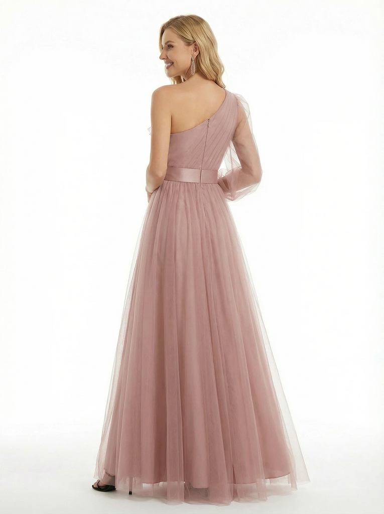 Modern One Shoulder Ruffle Tulle Prom Dress Side Slit Flowy A-Line Gala Evening Gown