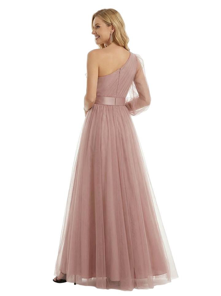 ChicSew Elegant One Shoulder Prom Gown Ruffled Tulle Satin Belt A-Line Floor Length Formal Evening Dresses
