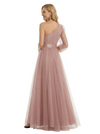 ChicSew Elegant One Shoulder Prom Gown Ruffled Tulle Satin Belt A-Line Floor Length Formal Evening Dresses
