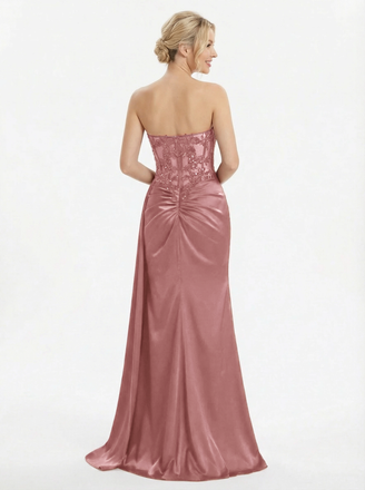 Sexy Strapless Illusion Bodice Prom Dress High Slit Satin Mermaid Gown for Formal Party