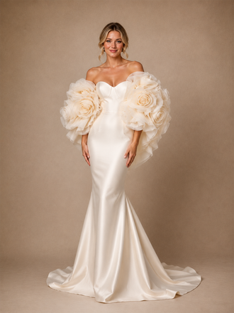 ChicSew Luxury Satin Mermaid Bridal Gown Off Shoulder 3D Rose Organza Puff Sleeves Wedding Dress