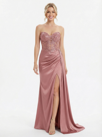 Sexy Strapless Illusion Bodice Prom Dress High Slit Satin Mermaid Gown for Formal Party