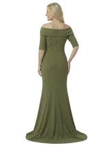 Unique Off Shoulder Half Sleeves Ruffles Side Slit Mother Of The Bride Dress