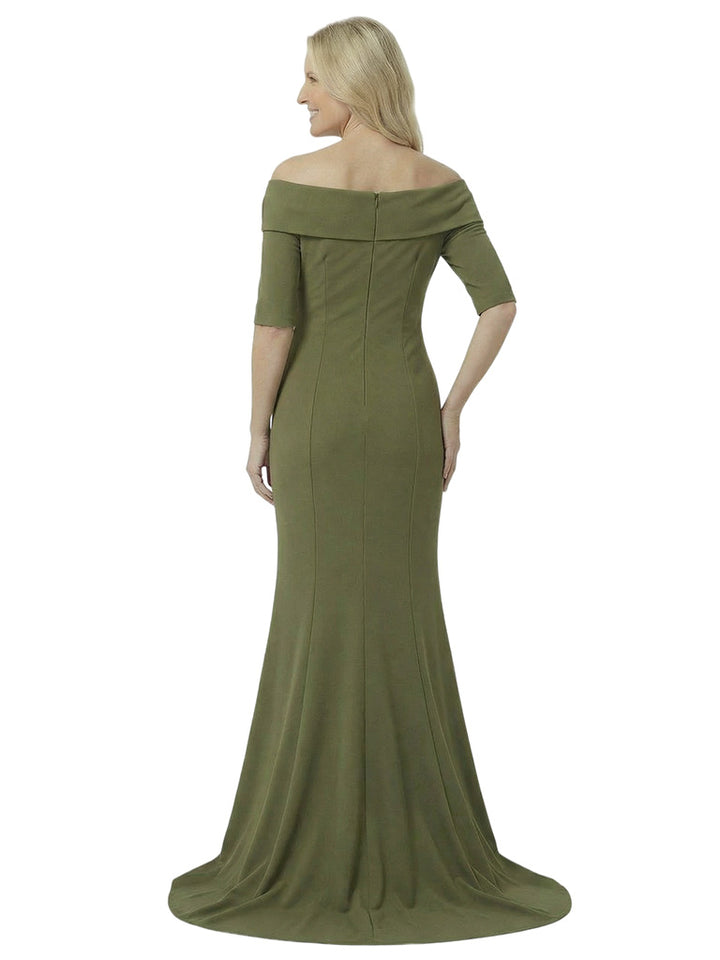 Unique Off Shoulder Half Sleeves Ruffles Side Slit Mother Of The Bride Dress