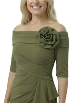 Unique Off Shoulder Half Sleeves Ruffles Side Slit Mother Of The Bride Dress