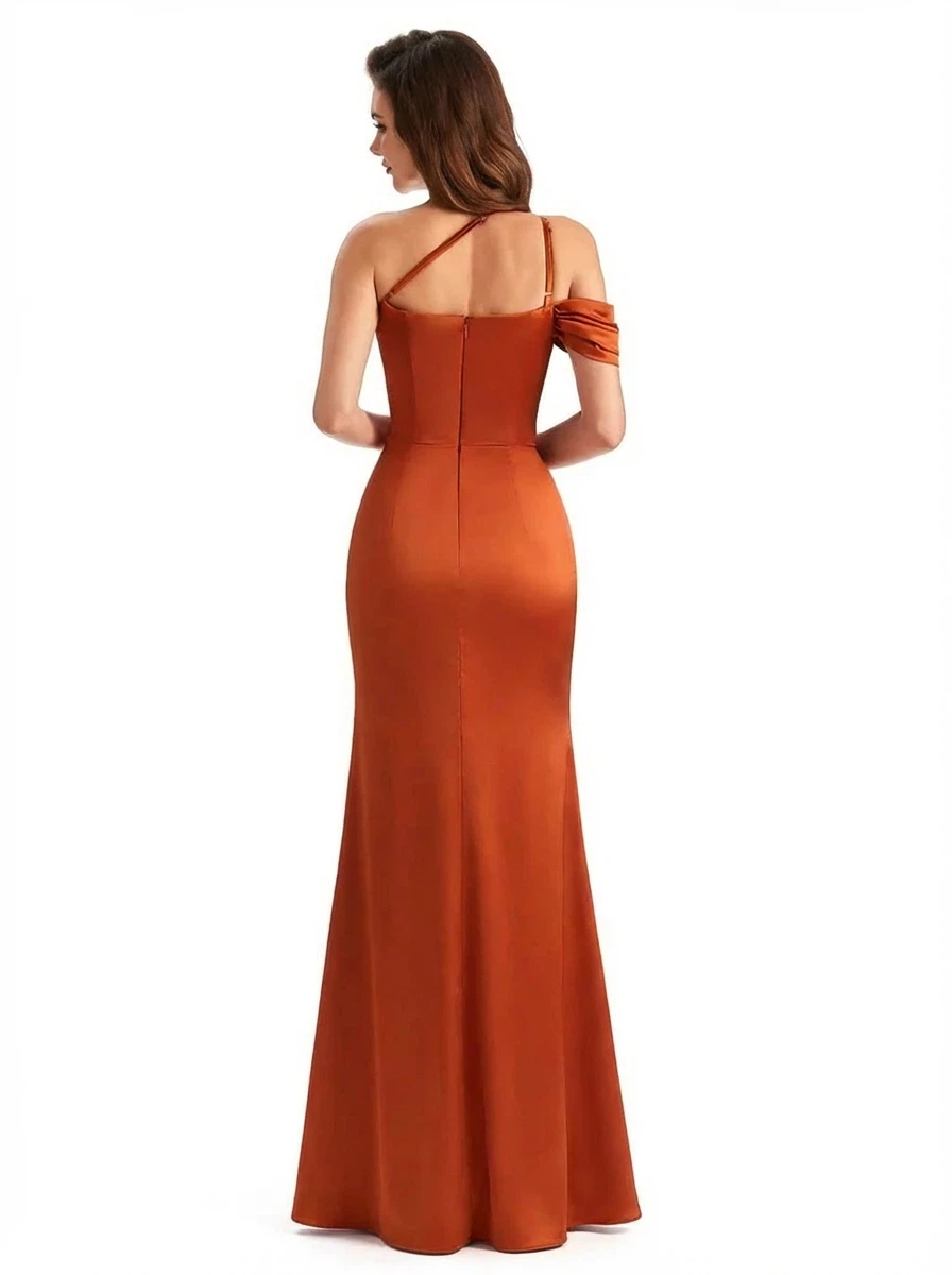 Elegant Asymmetrical One Shoulder Mermaid Ruched Satin Long Formal Dresses Side Slit