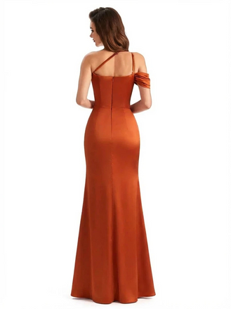 Elegant Asymmetrical One Shoulder Mermaid Ruched Satin Long Formal Dresses Side Slit