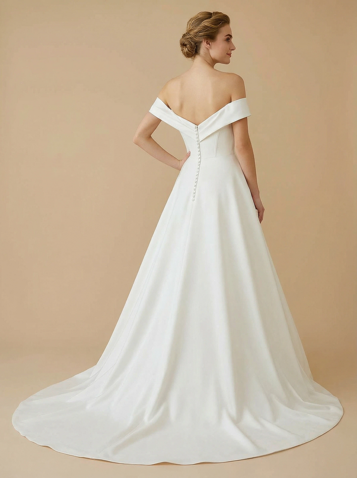 A-Line Off The Shoulder Boning Maxi Long Satin Wedding Dresses Gowns Online