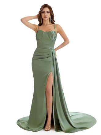 Elegant Spaghetti Straps Side Split Boho Chic Maxi Satin Bridesmaid Dresses Online