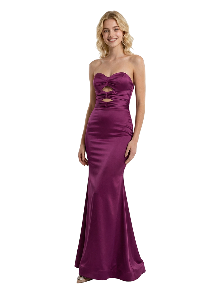 Sexy Strapless Sweetheart Ruched Lace Up Back Mermaid Satin Maxi Prom Dress