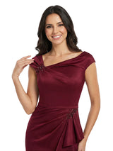 Sexy Asymmetric Neck Beaded Satin Mother Of The Bride Ruffle Slit Evening Gown