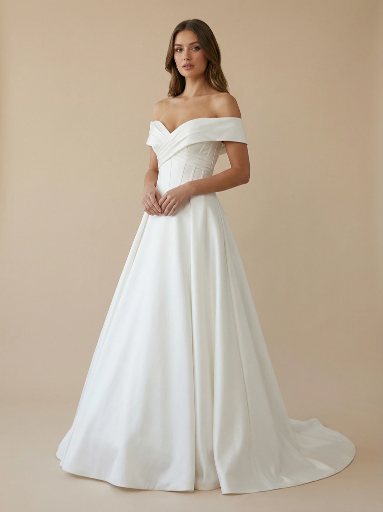 A-Line Off The Shoulder Boning Maxi Long Satin Wedding Dresses Gowns Online