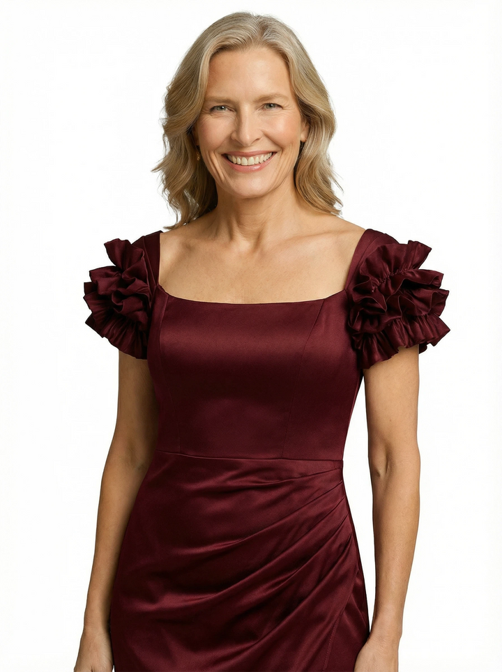 Unique Square Neck Ruffle Sleeves Satin Mother Of The Bride Evening Gown