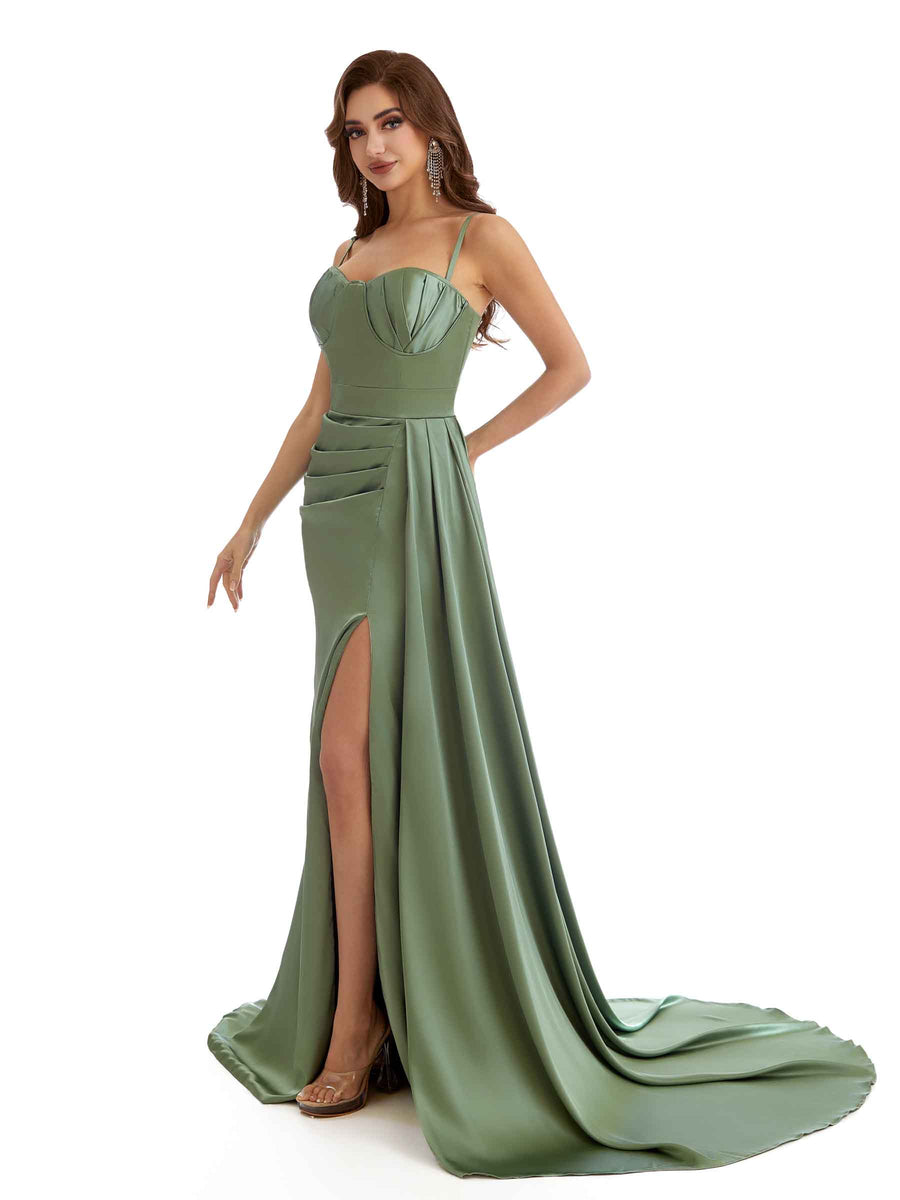 Elegant Spaghetti Straps Side Split Boho Chic Maxi Satin Bridesmaid Dresses Online