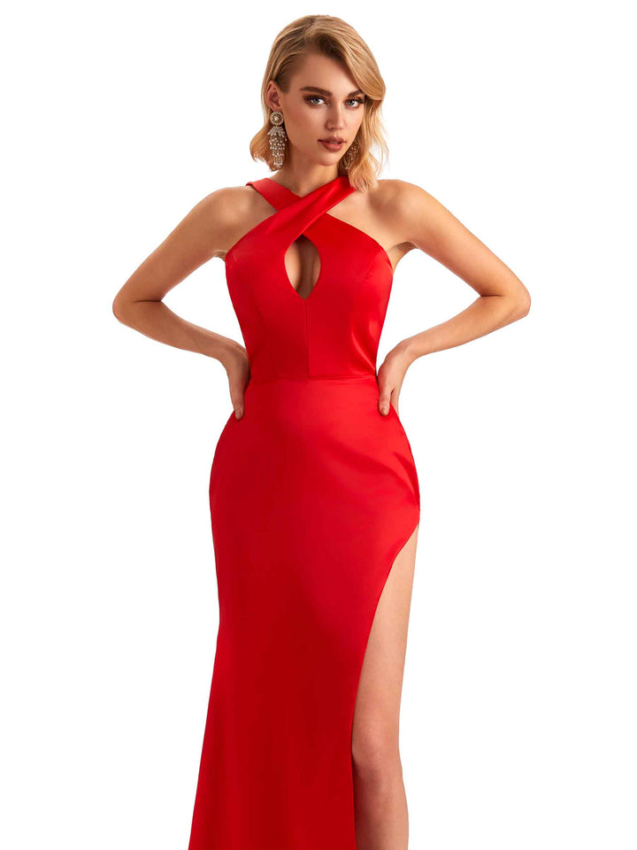 Sexy Side Slit Halter Mermaid Silky Satin Unique Long Formal Wedding Bridesmaid Dresses
