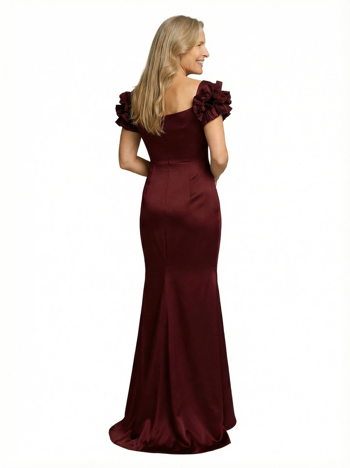 Unique Square Neck Ruffle Sleeves Satin Mother Of The Bride Evening Gown