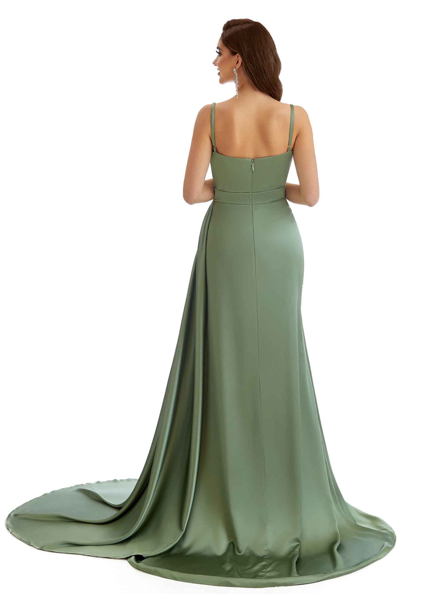 Elegant Spaghetti Straps Side Split Boho Chic Maxi Satin Bridesmaid Dresses Online