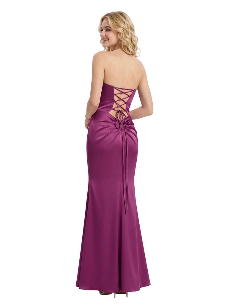 Sexy Strapless Sweetheart Ruched Lace Up Back Mermaid Satin Maxi Prom Dress