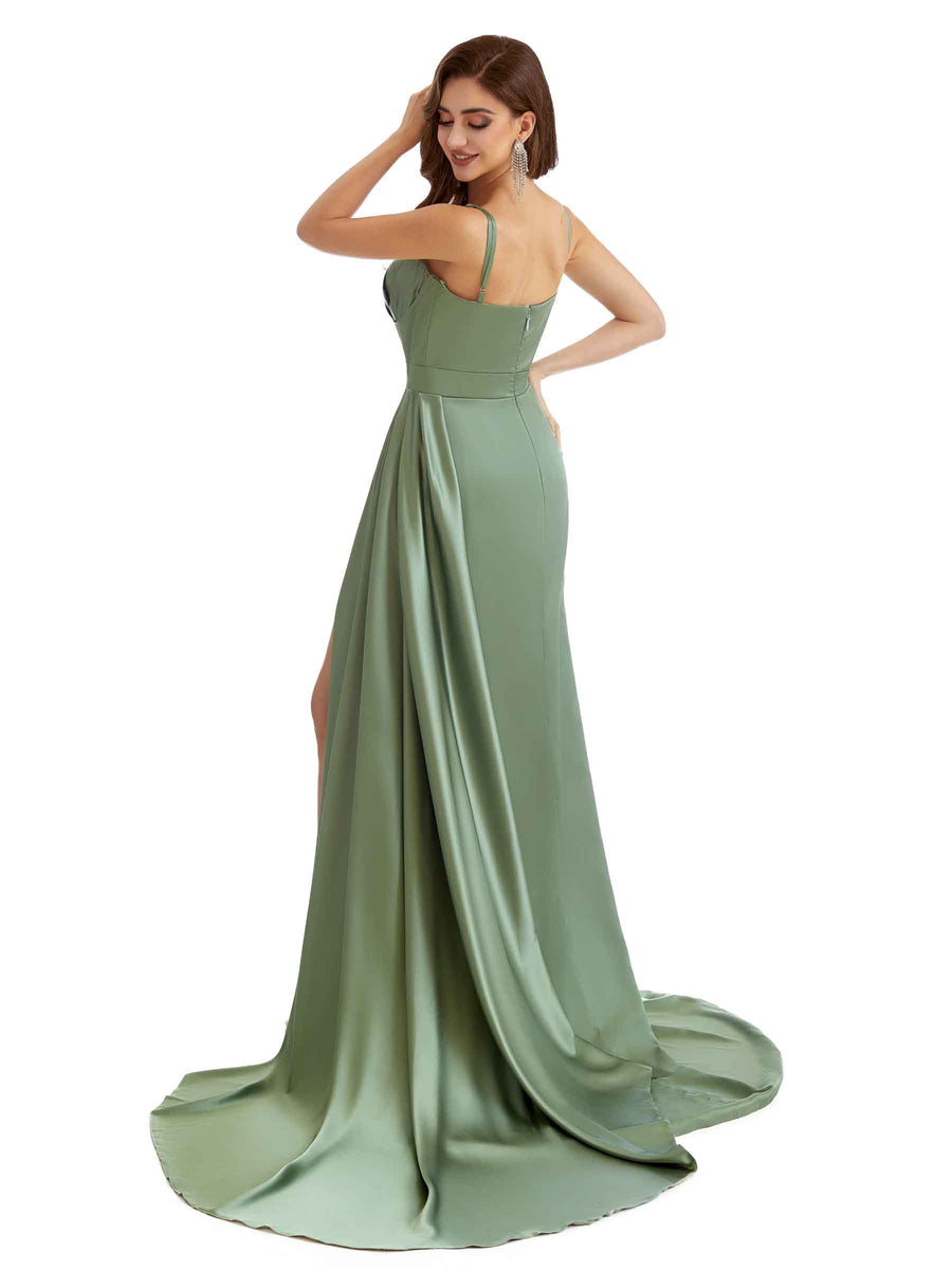 Elegant Spaghetti Straps Side Split Boho Chic Maxi Satin Bridesmaid Dresses Online