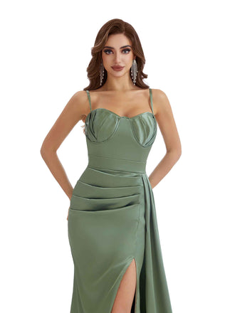 Elegant Spaghetti Straps Side Split Boho Chic Maxi Satin Bridesmaid Dresses Online