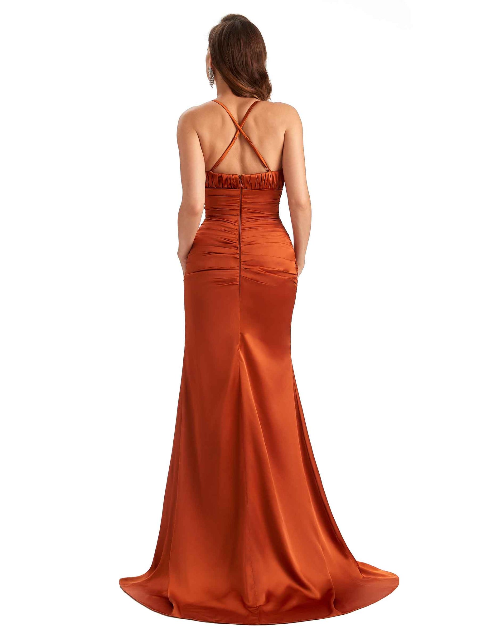 Sexy Side Slit Mermaid Soft Satin Spaghetti Straps Criss Cross Long Bridesmaid Dresses