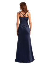 Sexy Side Slit Mermaid Silky Satin Unique Long Satin Wedding Guest Dresses