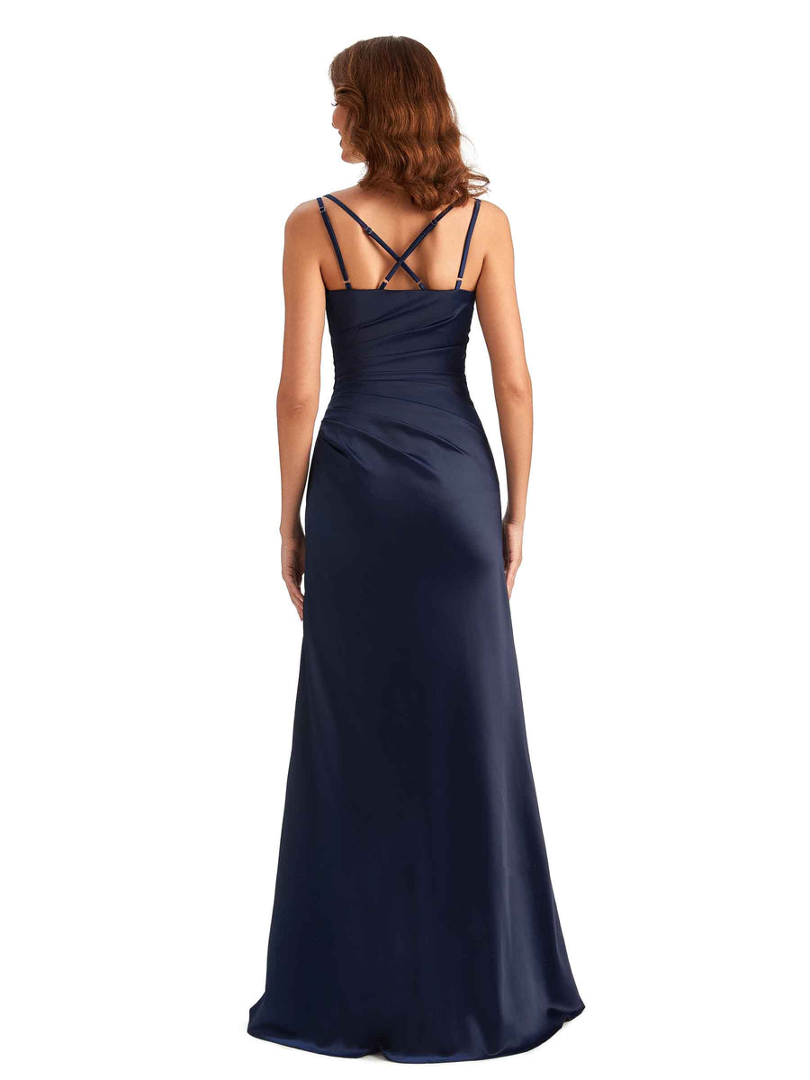 Sexy Side Slit Mermaid Silky Satin Spaghetti Straps Unique Long Satin Dress For Wedding