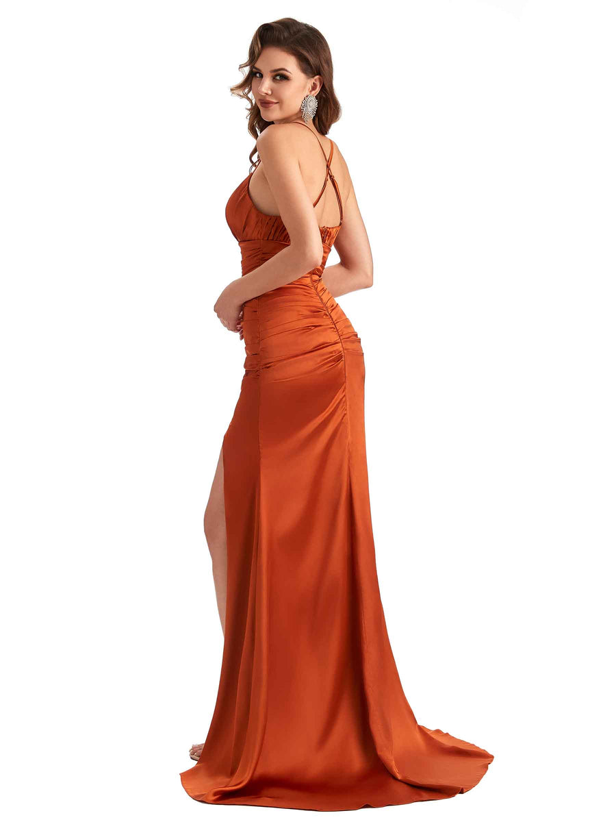 Sexy Side Slit Mermaid Soft Satin Spaghetti Straps Criss Cross Long Bridesmaid Dresses