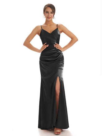 Spaghetti Straps Black Satin Pleats Long Bridesmaid Dresses