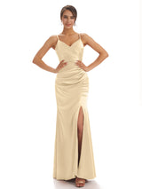 Spaghetti Straps Fall Satin Pleats Long Bridesmaid Dresses