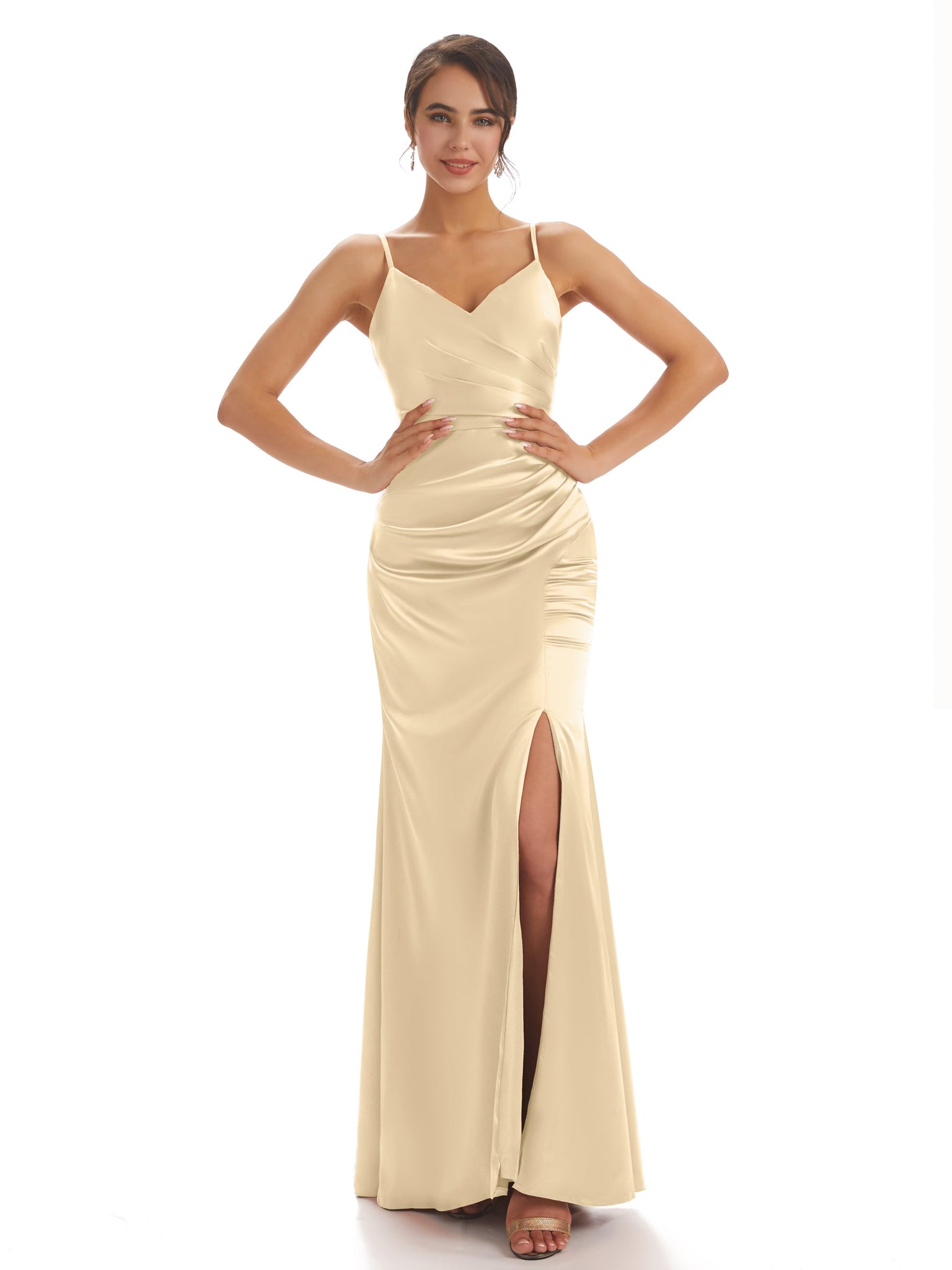 Spaghetti Straps Spring Satin Pleats Long Bridesmaid Dresses