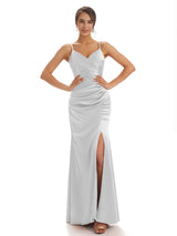 Silver Spaghetti Straps Boho V Neckline Bridesmaid Maxi