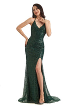 Sexy Side Slit Spaghetti Straps Mermaid Sparkly Sequin Long Party Prom Dresses