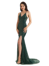 Sexy Side Slit Spaghetti Straps Mermaid Sparkly Sequin Long Party Prom Dresses