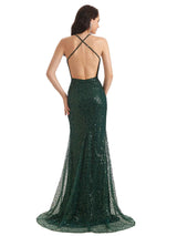 Sexy Side Slit Spaghetti Straps Mermaid Sparkly Sequin Long Party Prom Dresses