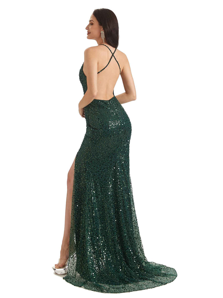 Sexy Side Slit Spaghetti Straps Mermaid Sparkly Sequin Long Party Prom Dresses