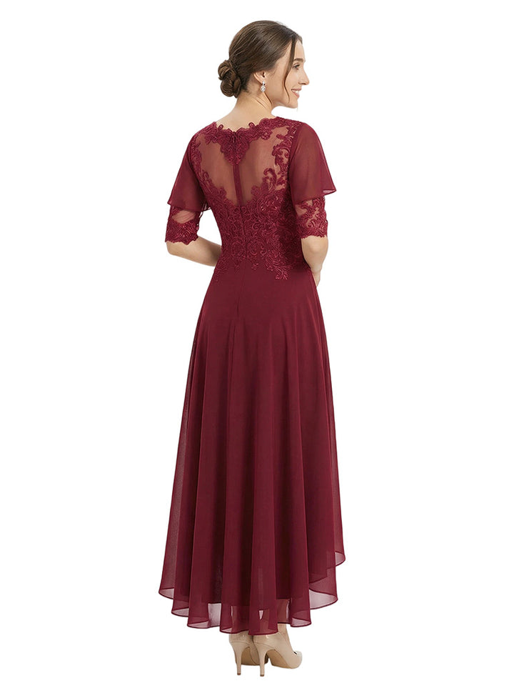 Unique Scalloped Neckline High-Low Mother of The Bride Gown With Flutter Sleeves
